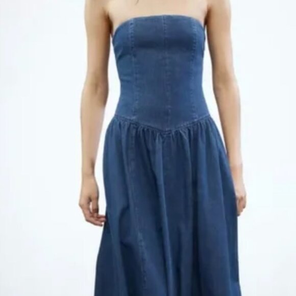 ZARA TRF STRAPLESS DENIM DROP WAIST MIDI DRESS - Picture 2 of 7